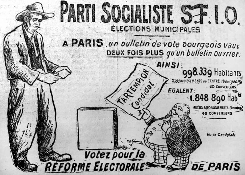 Affiche de L'Humanité (3 mai 1912) montrant satire électorale : bourgeois vantard face à charpentier votant, dénonçant l'injustice municipale parisienne.